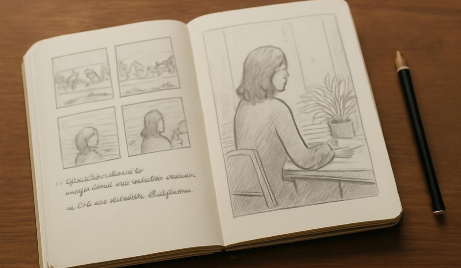 An open journal with notes and thumbnail sketches next to a larger drawing