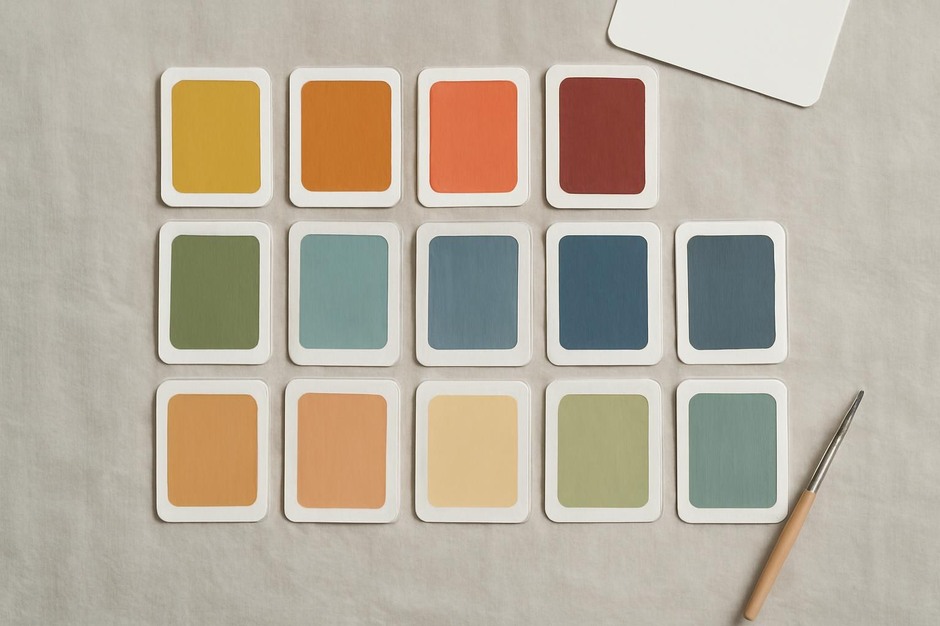 A set of small painted swatch cards arranged in a grid