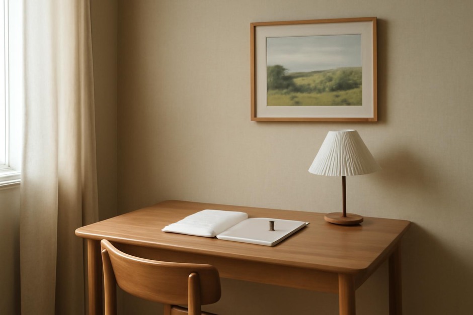 A compact sketching corner with a simple desk, lamp, and soft wall treatment