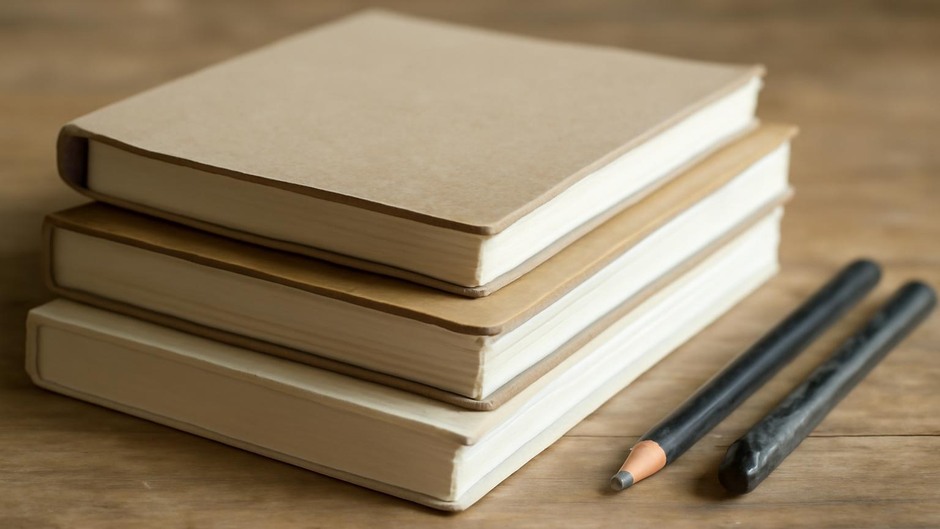 A small stack of sketchbooks showing spines and paper edges