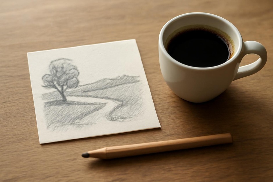 A small sketch beside a cup of coffee and a pencil on a table