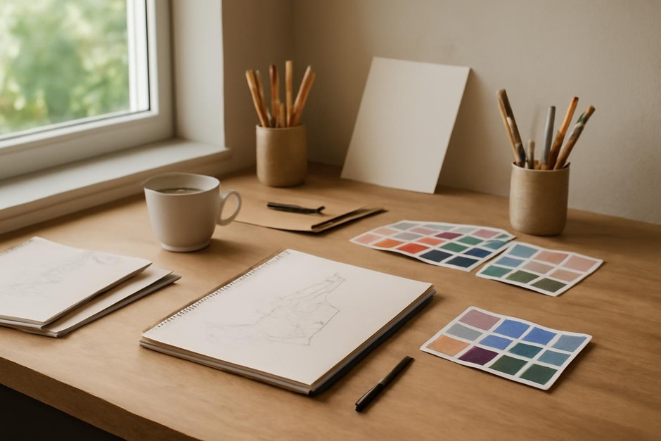 Abstract art desk with color swatches, brush marks, and sketchbook studies.