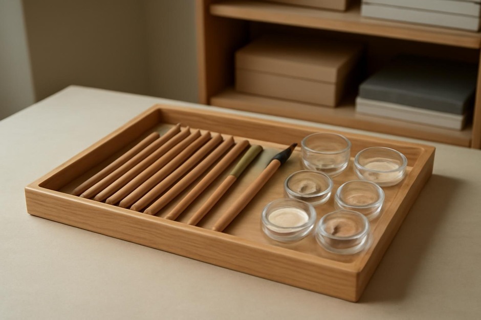 A neatly arranged wooden tray with pencils, brushes, and small containers