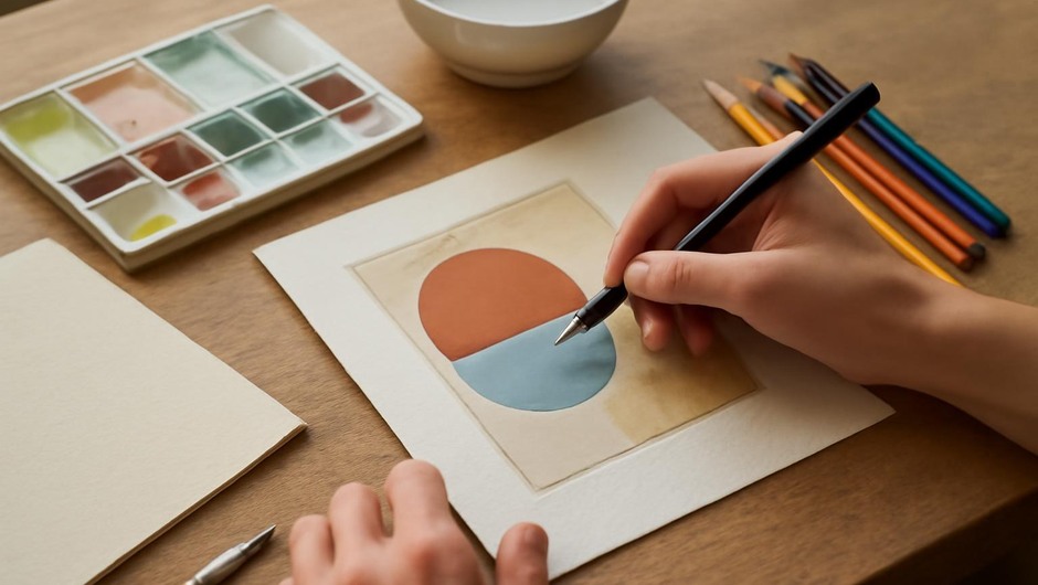 Bright studio image with paint textures, paper layers, and geometric color blocks.